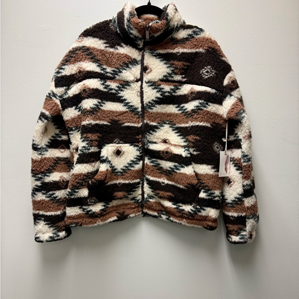 NWT Jessica Simpson Active Aztec Sherpa Fleece Jacket Brown /Cream | Size Medium